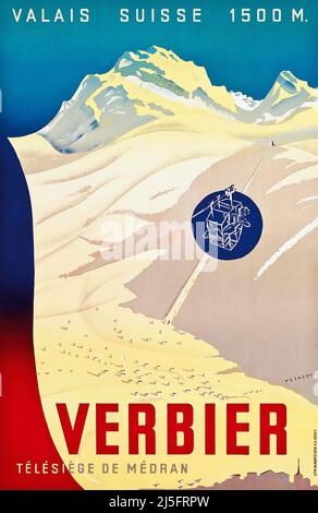 Vintage 1930s Winter Sports Poster - Verbier, Switzerland Stock Photo