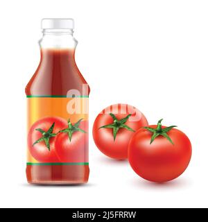 Set of vector illustrations of a glass or plastic transparent bottle tomato ketchup with label for branding and two fresh red tomatoes in a realistic Stock Vector