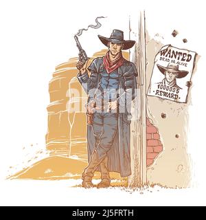 Vector illustration of a robber with a smoking gun standing next to the announcement of his wanted list Stock Vector