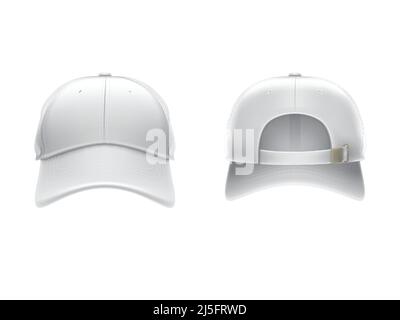 Vector realistic illustration of a white textile baseball cap front and back, isolated on white. Print, template, moc up, design element Stock Vector