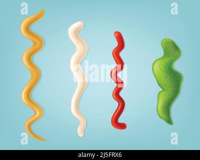 Set of vector illustrations, color icons of spilled strips of different sauces. Print, template, design element Stock Vector