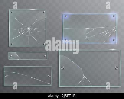Vector illustration set of transparent glass plates with cracks, cracked panels with metal accessories isolated on translucent background Stock Vector