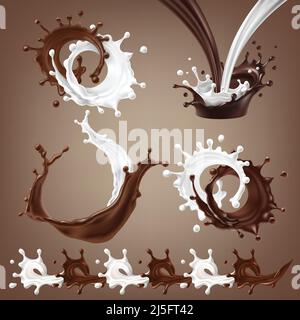 Set vector 3D illustrations, splashes and drops of melted dark chocolate and milk, dynamic splashes of hot coffee and milk flow mixed. Print, template Stock Vector