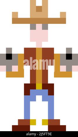Pixel art cowboy holding a gun, vector illustration Stock Vector