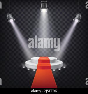Set of vector scenic spotlights on a dark background with a podium and red carpet Stock Vector