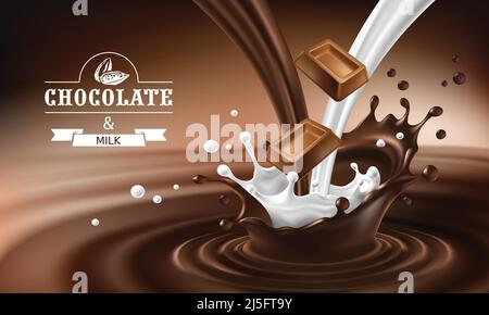 Vector 3D realistic illustration, splashes of melted chocolate and milk with falling pieces of chocolate bars. Milk chocolate packaging design, templa Stock Vector