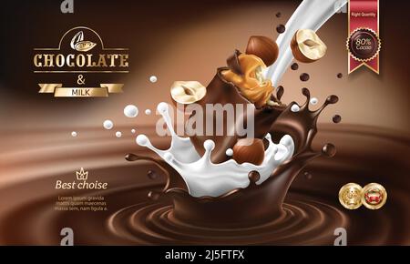 Vector 3D realistic illustration, splashes of melted chocolate and milk with falling piece of chocolate bar and hazelnuts. Chocolate bar packaging des Stock Vector