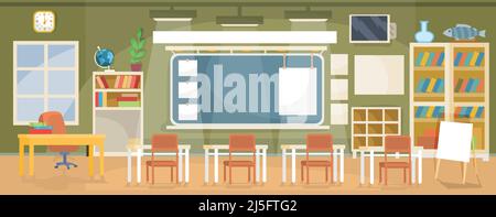 Vector flat illustration of an empty classroom in a school, university, college, institute with a blackboard, desks, chairs, bookshelves and empty ban Stock Vector