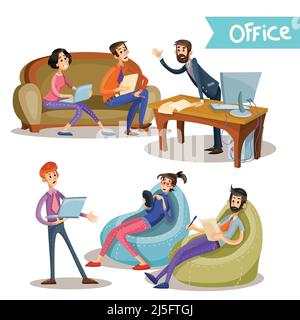Set of vector illustrations of a leader with subordinates, office workers, partners negotiating isolated on white background in cartoon style Stock Vector