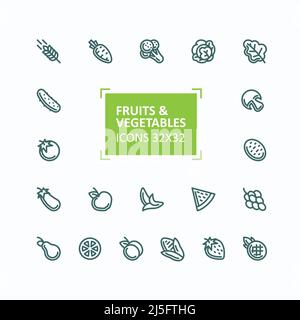 Set of vector icons of fruits and vegetables in the style of a thin line, editable stroke. 32x 32 perfect pixel Stock Vector