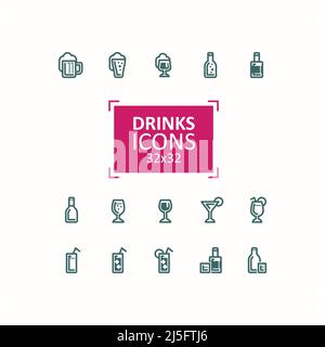 Set of vector illustrations of icons of drinks. Simple signs of alcoholic and refreshing drinks in bottles and glasses, isolated on white Stock Vector