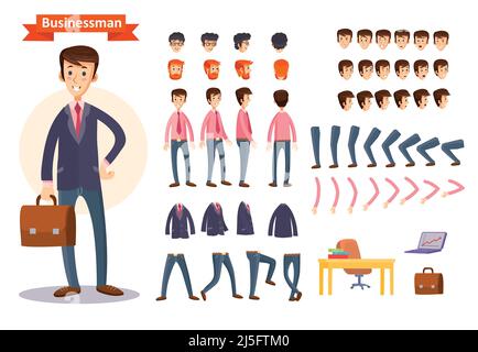 Set of vector cartoon illustrations for creating a character, businessman. Collection of faces, front, side and back view, emotions, hands and feet be Stock Vector