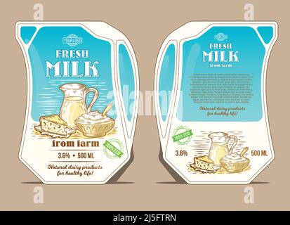 Vector illustration in the engraving style, design packaging for milk, lean pack in the form of a jug with hand-drawn milk products. Eco-friendly pack Stock Vector