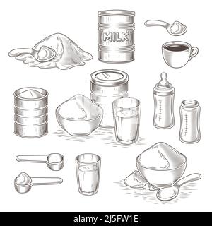 Vector set of engraving illustration of milk powder in an aluminum can and poured into a bowl, a glass with prepared instant milk, baby bottle and the Stock Vector