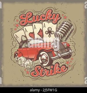 Vector grunge vintage illustration, poster with four card aces, retro car and old microphone. Print, template, design element Stock Vector