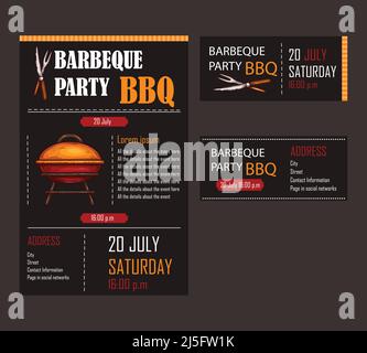 Set of vector illustrations of a bbq menu template, invitation card on a barbecue, gift certificate, a picnic ticket on a black background Stock Vector