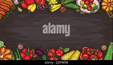 Vector cartoon illustration of various vegetables on a wooden background, top view with copy space. Bright poster with organic food Stock Vector