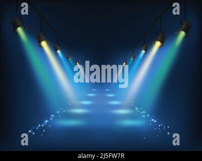 Set of vector colored scenic spotlights on a dark background Stock Vector