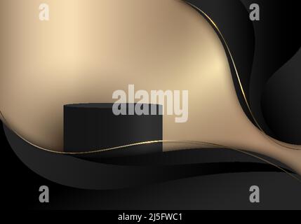 3D realistic black cylinder podium in golden curve shape background with black wave lines and lighting luxury style. You can use for product display, Stock Vector