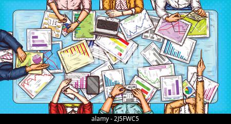 Vector pop art illustration of a man and a woman sitting at a negotiation table with graphs and diagrams lying on it, top view. Concept of brainstormi Stock Vector