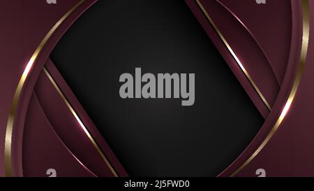 Abstract 3D red curved shapes with shiny gold lines lighting effect on black background banner template luxury style. Vector illustration Stock Vector