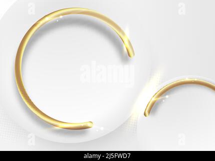 ABstract elegant white circles and 3D golden ring with glow lighting effect on clean background. Luxury style. Vector illustration Stock Vector