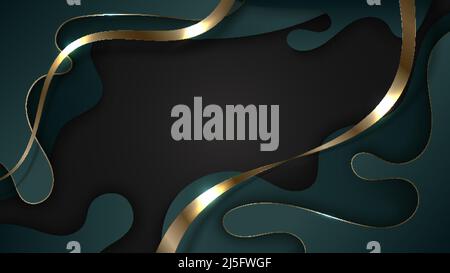Abstract luxury 3D green fluid with golden lines on black background paper cut style. Vector illustration Stock Vector