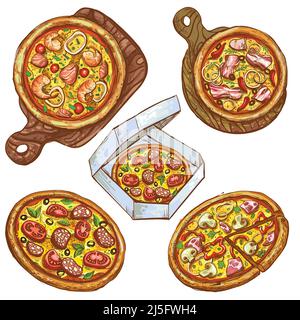 Set of vector color illustrations, whole pizza and slice, pizza on wooden board, pizza in box for delivery. Prints, templates, design elements for men Stock Vector