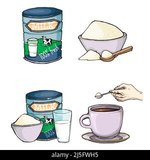 Vector set of cartoon illustration of milk powder in a closed aluminum can and poured into a bowl, a glass of prepared instant milk and the addition o Stock Vector