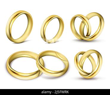 Set of realistic vector illustrations of gold wedding rings with shadow isolated on white. Print, template, design element Stock Vector