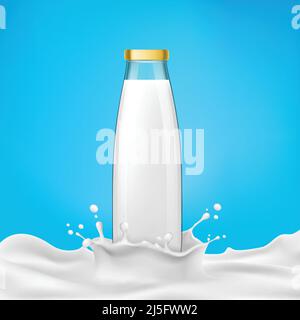 Vector illustration glass bottles with milk or dairy product, kefir, drinking yoghurt, milkshake stands in a milk splash. Print, template, design elem Stock Vector