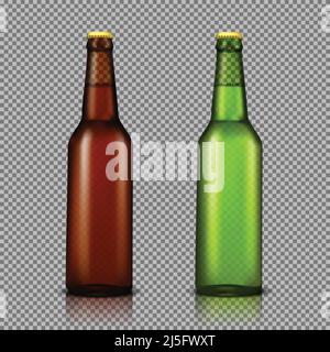 Vector realistic illustration set of transparent glass bottles with drinks, ready for branding, without labels. Brown and green bottles for beer, soda Stock Vector