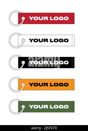 Multicolor clothing ribbon tag accessory on metal ring, technical drawing. Remove before flight garment trinket, vector template. Stock Vector