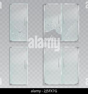 Set of vector realistic illustrations of a layout of an entrance glass doors with metal handles unscathed and with broken glass, a clean transparent d Stock Vector