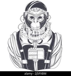 Vector hand drawn illustration of a monkey astronaut, chimpanzee in a space suit in the style of engraving. Print for T-shirts, template, sketch tatto Stock Vector