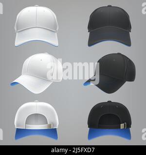 Vector realistic illustration of a white and black textile baseball cap with a blue visor, front, back and side view, isolated on white. Print, templa Stock Vector