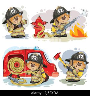 Set of vector clipart illustrations of teddy bear firefighter with rescue equipment isolated on white. Prints, design elements Stock Vector