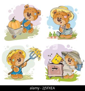 Set of illustrations of vector of teddy bear beekeeper, farmer, isolated on white background. Printed publications, design elements Stock Vector