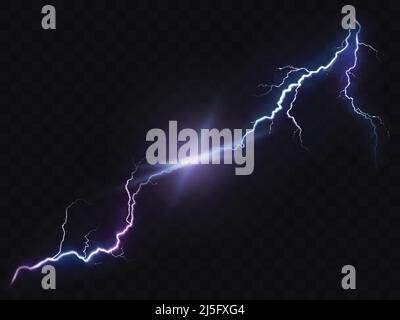 Vector illustration of a realistic style of bright glowing lightning isolated on a dark translucent background, natural light effect. Magic white thun Stock Vector