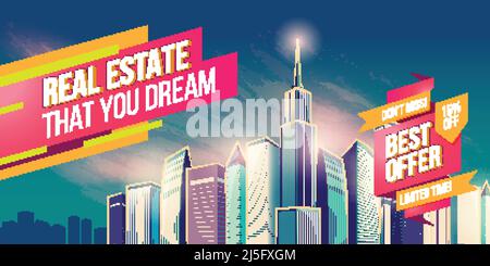 Vector cartoon illustration, banner, urban background with modern big city buildings, skyscrapers, business centers and space for your text. Advertisi Stock Vector