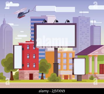 Vector illustration of an advertising billboard on the background of the urban landscape Stock Vector