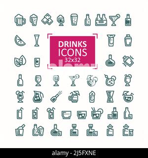 Set of vector illustrations of icons of drinks. Simple signs of alcoholic and refreshing drinks in bottles and glasses, isolated on white Stock Vector