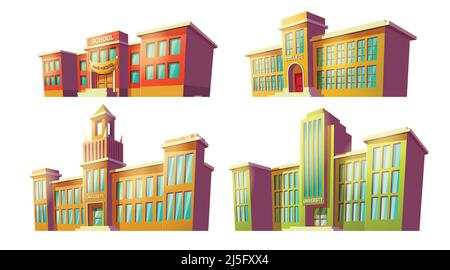 Set of vector cartoon illustrations of various color old, retro educational institutions, schools isolated on white background. Template, design eleme Stock Vector