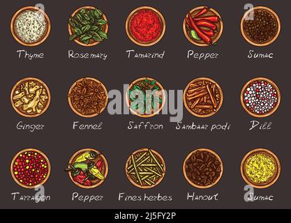 Vector illustration of a variety of spices and herbs in wooden bowls on a black background, top view. Template, design element Stock Vector