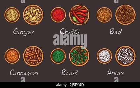 Vector illustration of a variety of spices and herbs in wooden bowls whole and ground on a black background, top view. Template, design element Stock Vector