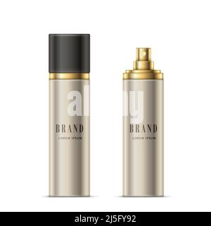 Vector realistic illustration of a spray bottle of silvery color with a golden sprayer and black cap, isolated on white. Open and closed spray bottle Stock Vector