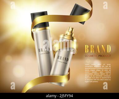 Vector 3D illustration poster with cosmetic premium products for face, body or hair. Silver spray bottles in a realistic style on background with gold Stock Vector