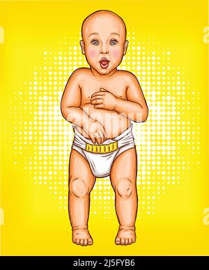 Vector pop art illustration of a surprised baby with open mouth in a diaper. Template, design element for an advertising poster Stock Vector