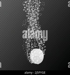 Vector illustration of effervescent pill, soluble tablet falling in water with fizzy bubbles, isolated on black background. Illustration clip art, des Stock Vector