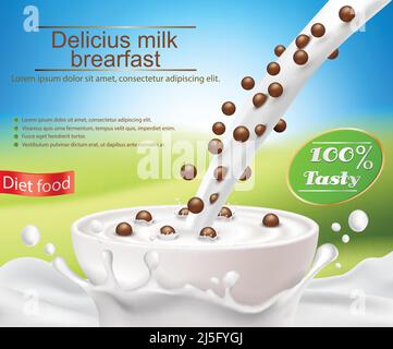 Vector realistic poster with a milk splash and milk with a cereal breakfast pouring into a cup, chocolate cereal balls. Design element for packaging a Stock Vector